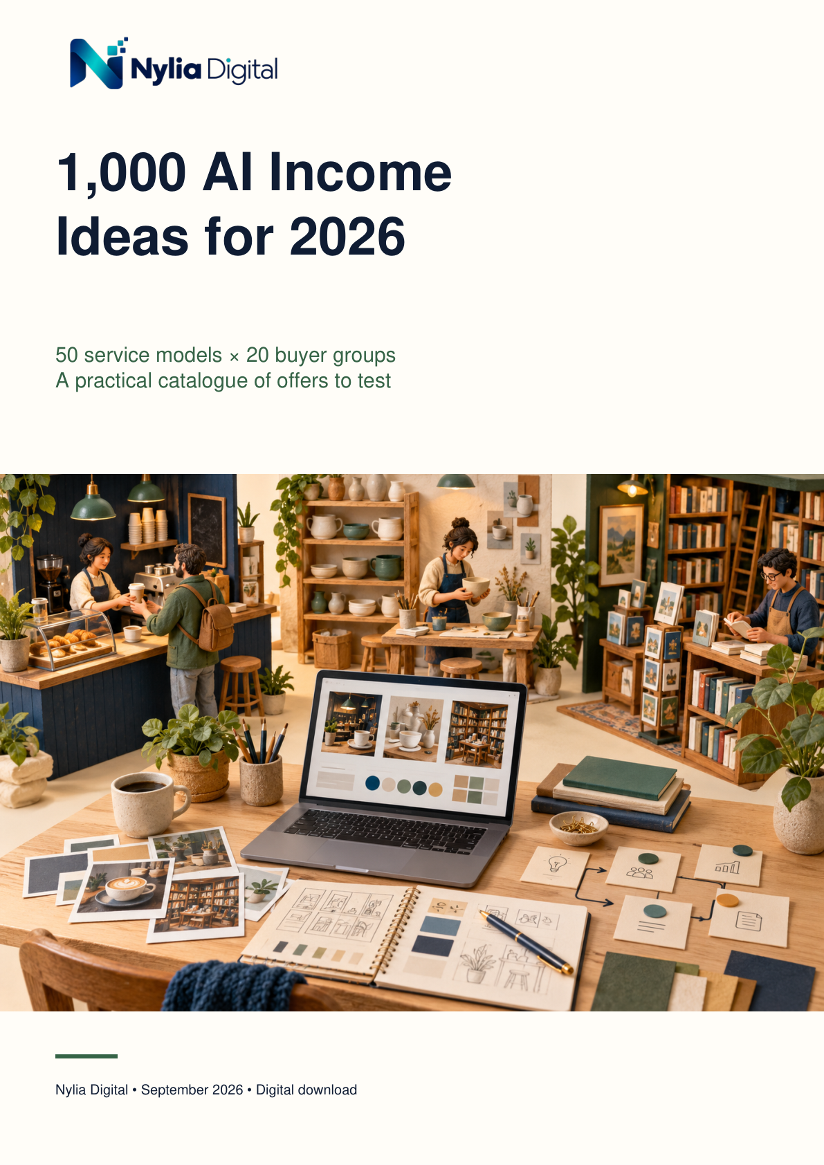 1,000 AI Income Ideas for 2026 — actual Nylia Digital guide cover