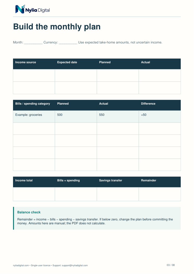 Budget, Bills & Cash Flow: actual included page 3 from budget-bills-planner-EN-A4.pdf