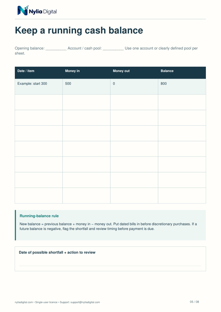 Budget, Bills & Cash Flow: actual included page 5 from budget-bills-planner-EN-A4.pdf