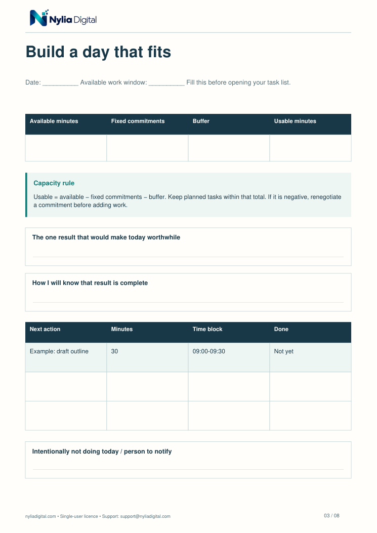 Daily Focus & Reset: actual included page 3 from daily-focus-agenda-EN-A4.pdf