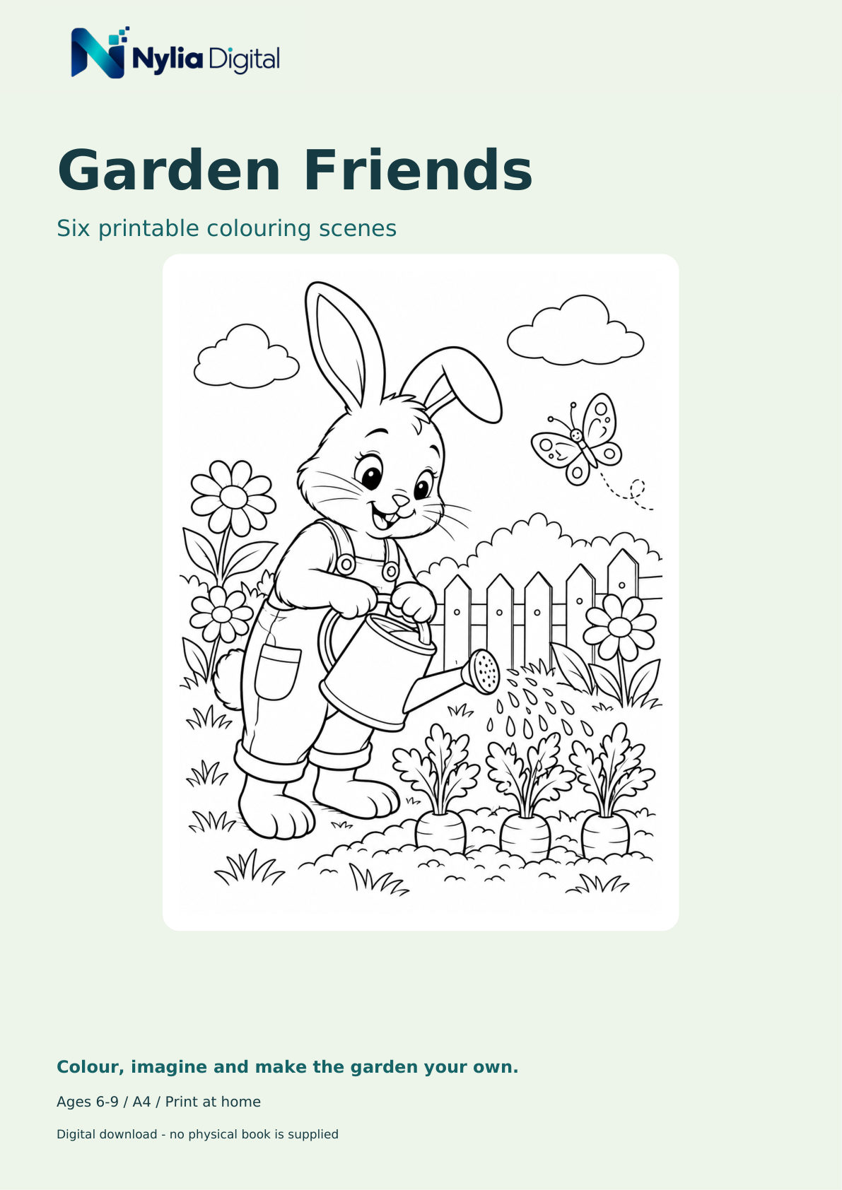 Garden Friends: 6 Printable Colouring Scenes — actual Nylia Digital cover