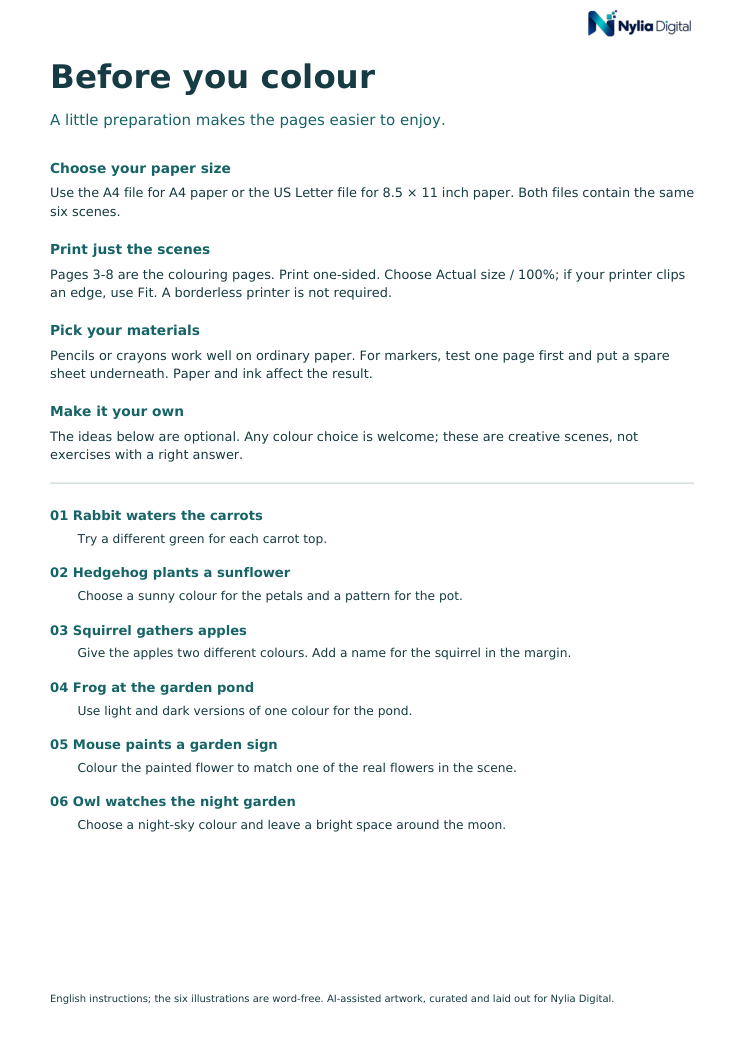 Garden Friends: 6 Printable Colouring Scenes: actual included page 2 from Nylia-Digital-Garden-Friends-A4.pdf
