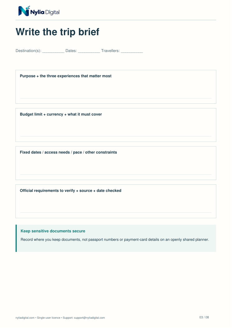 Trip Ready: actual included page 3 from travel-trip-planner-EN-A4.pdf