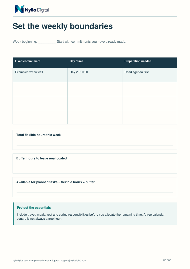The Realistic Week: actual included page 3 from undated-weekly-planner-EN-A4.pdf