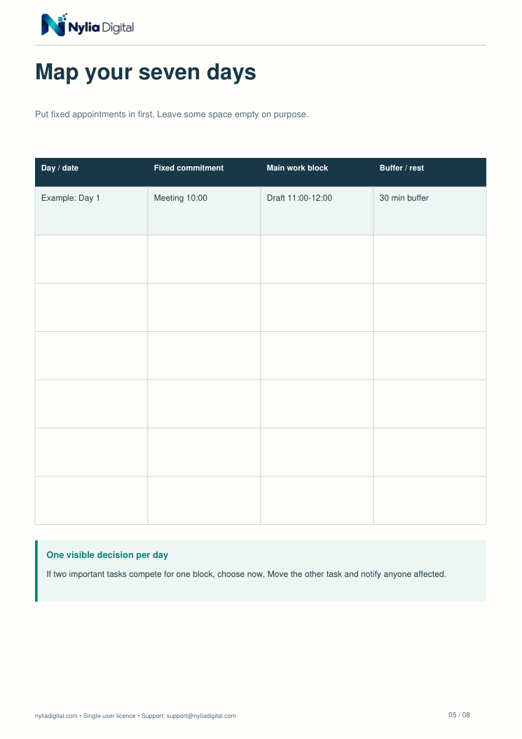 The Realistic Week: actual included page 5 from undated-weekly-planner-EN-A4.pdf